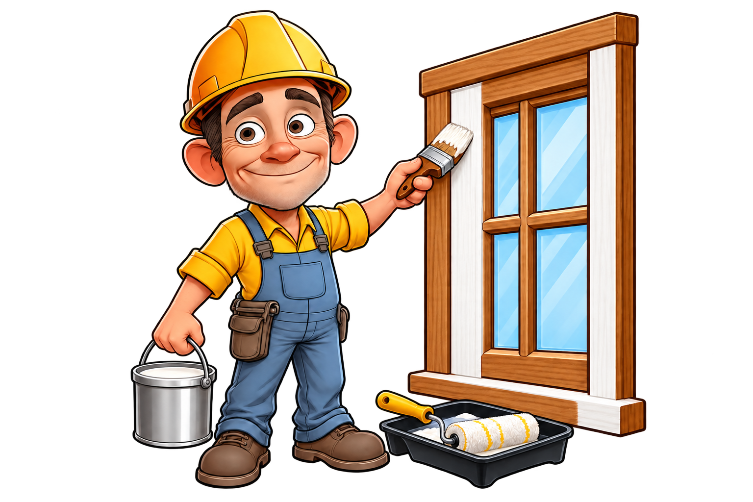 Het Dijkstra Multihulp-mannetje schildert een houten kozijn